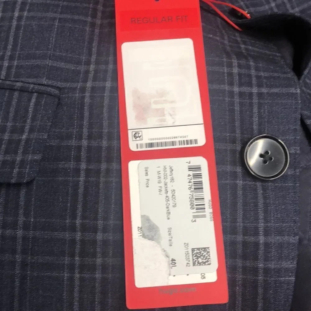 HUGO Boss Men's Modern Fit Jeffrey Dark Blue (Navy) Plaid Suit Jacket 40L